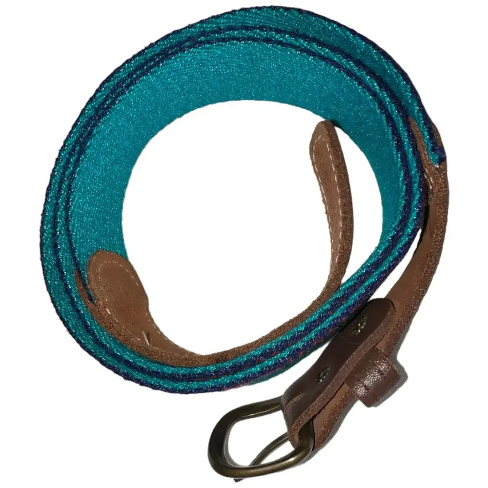 unbranded Vintage Blue Striped Belt with Leather Accents 37-40 Inch Waist